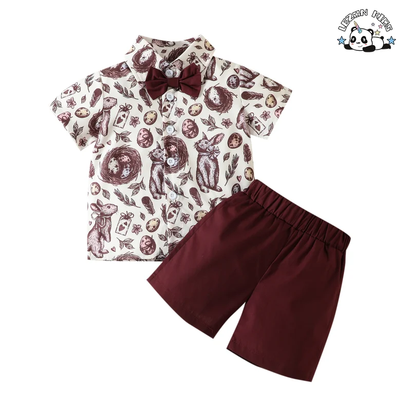 LEZONKIDS - Conjunto de camisa de cavalheiro infantil de duas peças na Páscoa